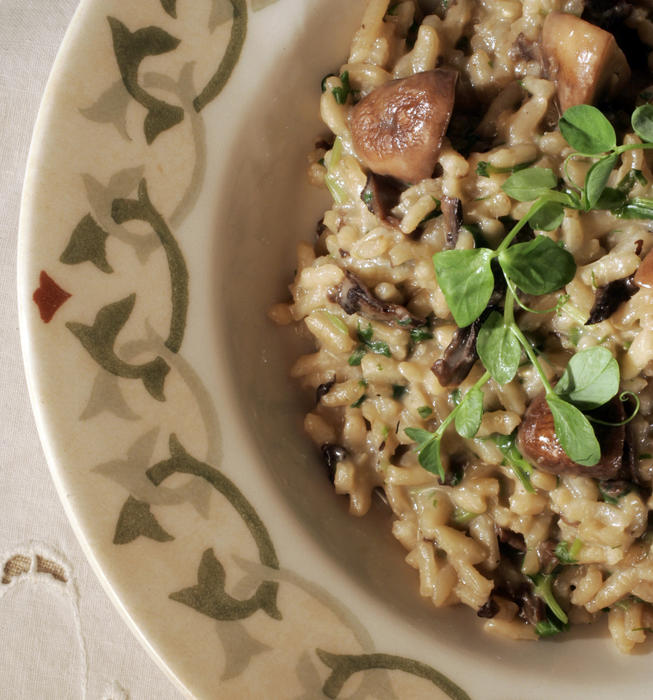 Risotto with mushrooms and pea sprouts