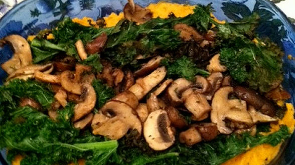 Roast Mushrooms and Kale over Mashed Sweet Potatoes