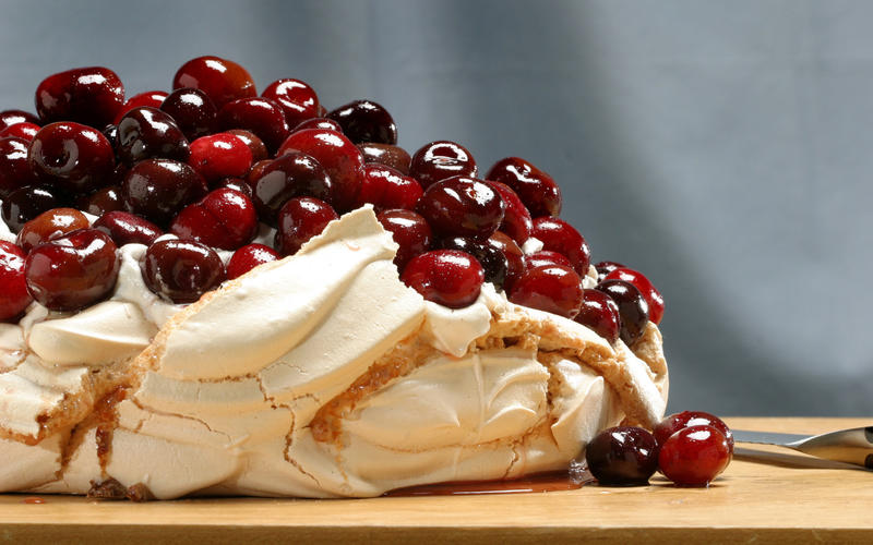 Roasted cherry Pavlova with cinnamon whipped cream