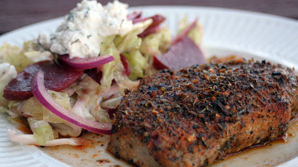 Roasted Fennel-Crusted Chops with Fennel and Beet Slaw and Fresh Ricotta
