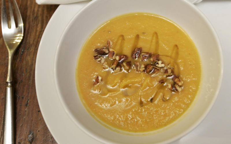 Roasted kabocha squash and celery root soup with maple syrup and brown butter