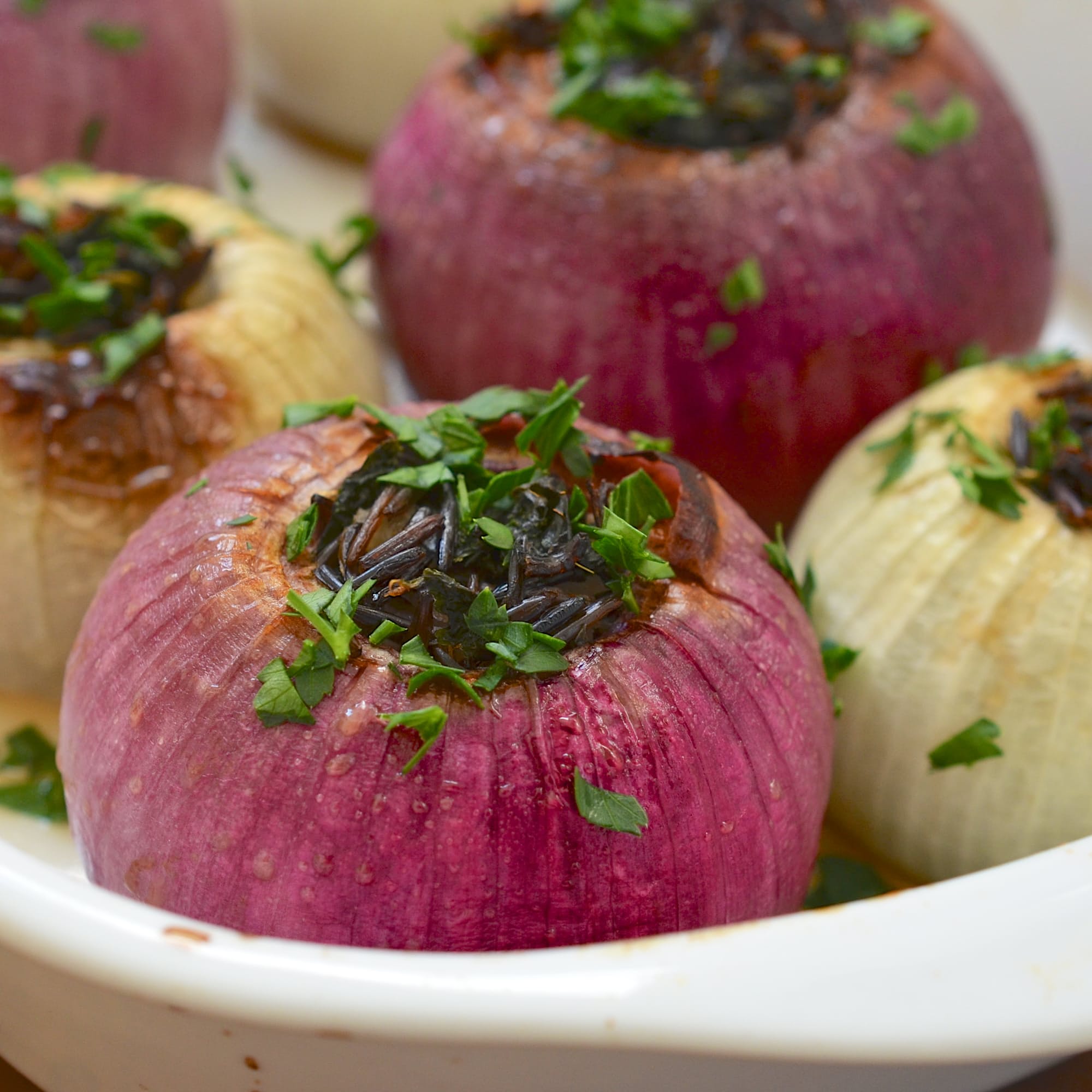 Roasted Onions Stuffed with Wild Rice and Kale
