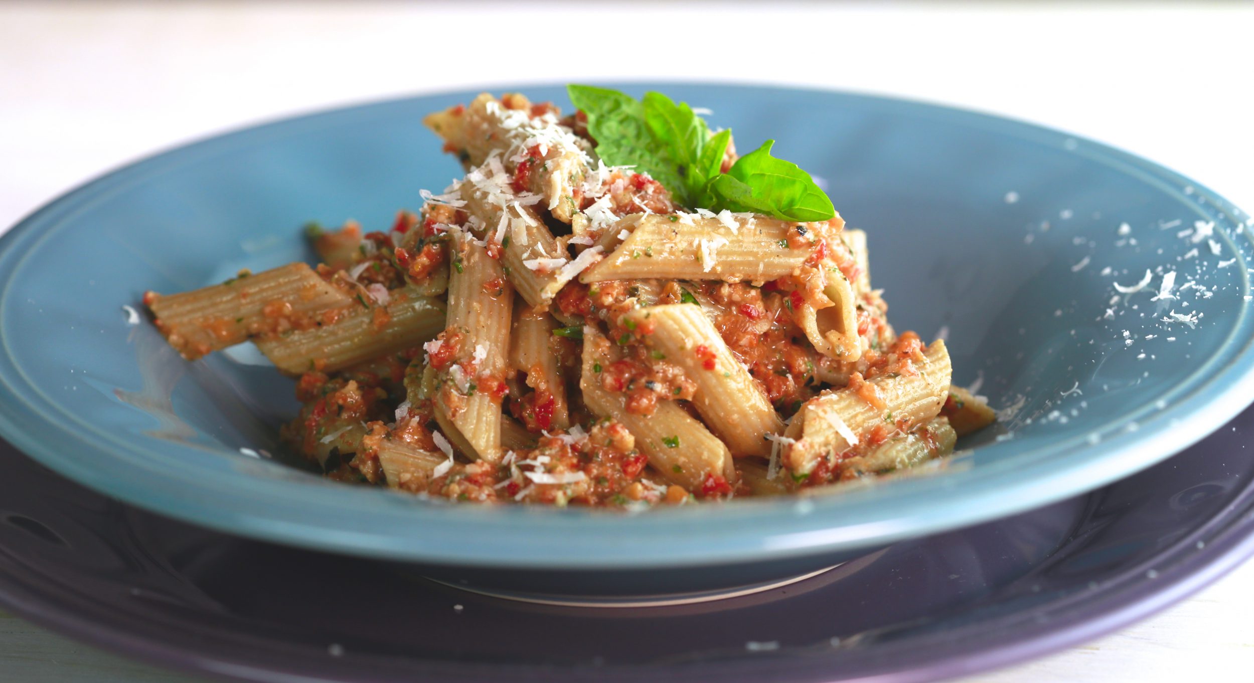 Roasted Pepper and Garlic Pesto with Whole Grain Pasta