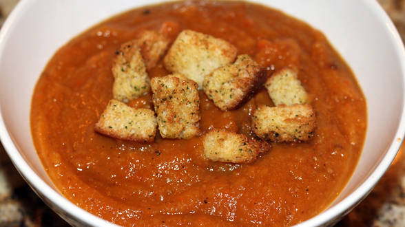 Roasted Root Vegetable Soup with Grilled Cheese Croutons