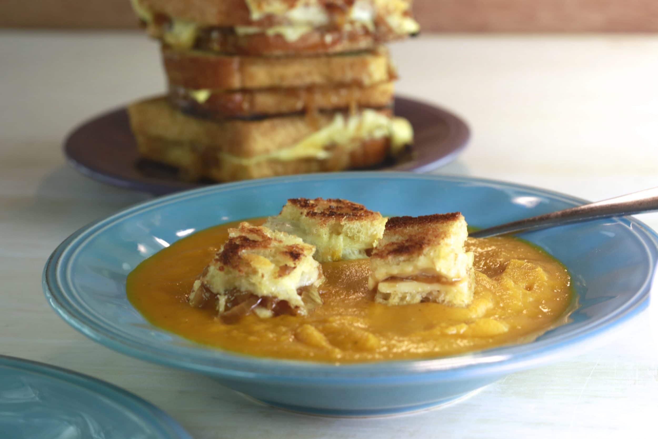 Roasted Vegetable and Tomato Soup with Grilled Cheese and Caramelized Onion Croutons