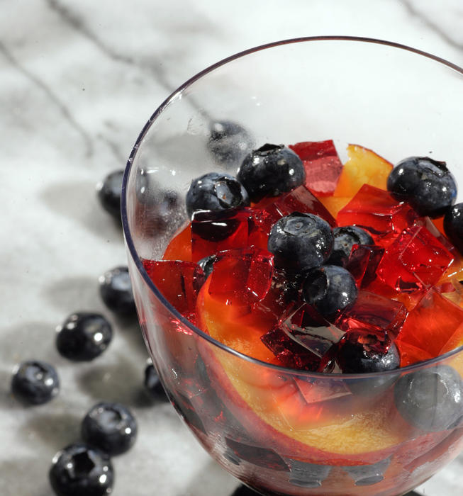 Rose jelly with nectarines and blueberries