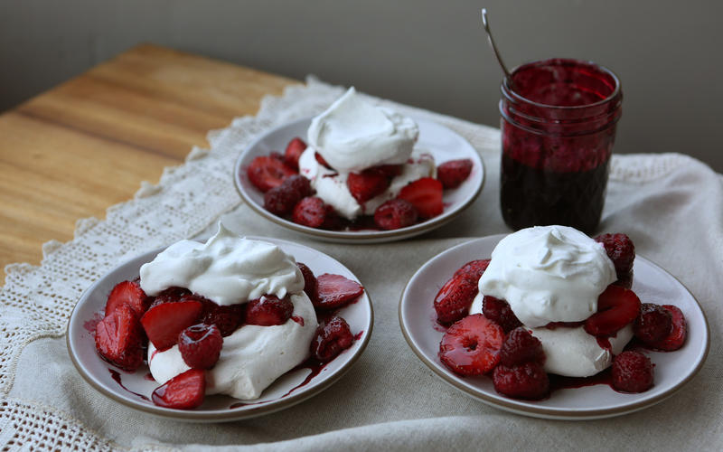 Rose-scented pavlovas with hibiscus and berries