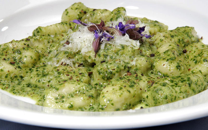 Sage gnocchi with parsley-walnut pesto