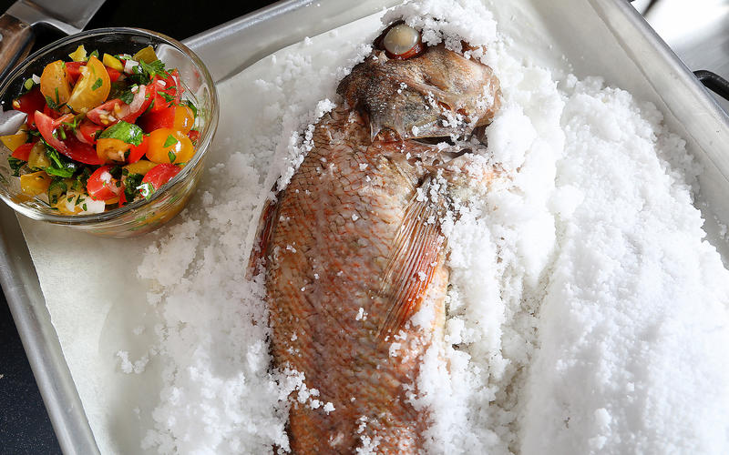 Salt-roasted rockfish with tomato-olive salsa
