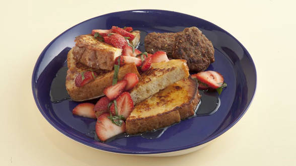 Savory French Toast with Homemade Sausage Patties and Warm Honey, Strawberries and Basil