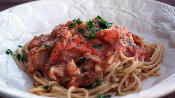 Seafood Pasta with Sherry Tomato Cream Sauce