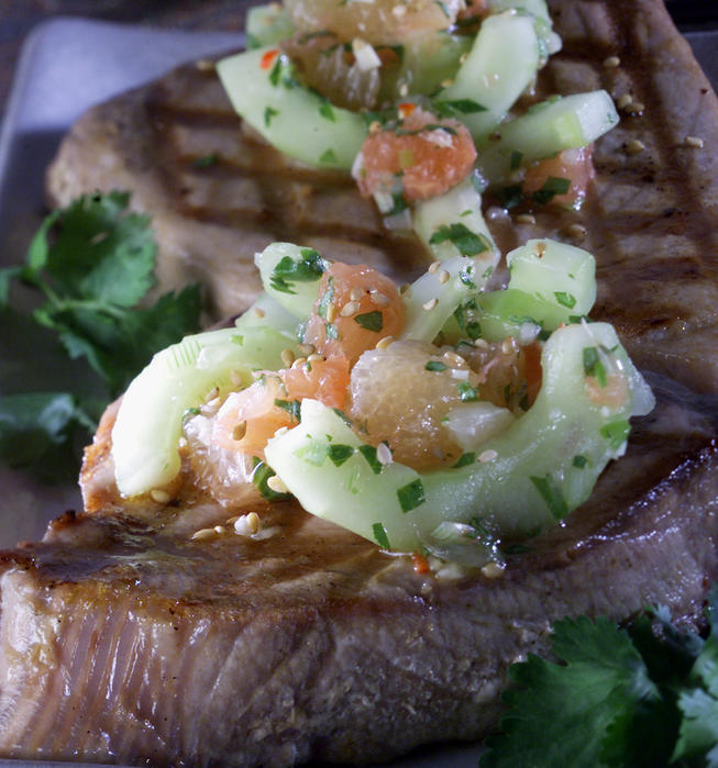 Seared Tuna Steaks With Cucumber and Grapefruit Salsa