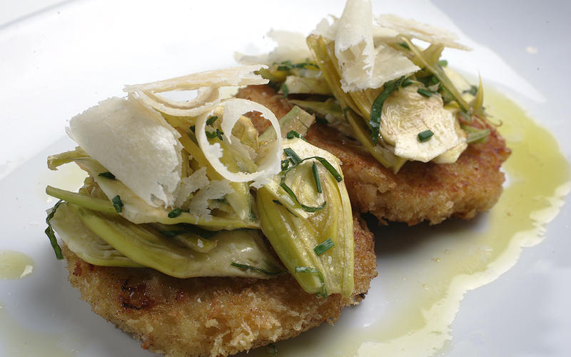 Shaved baby artichoke salad with risotto cakes