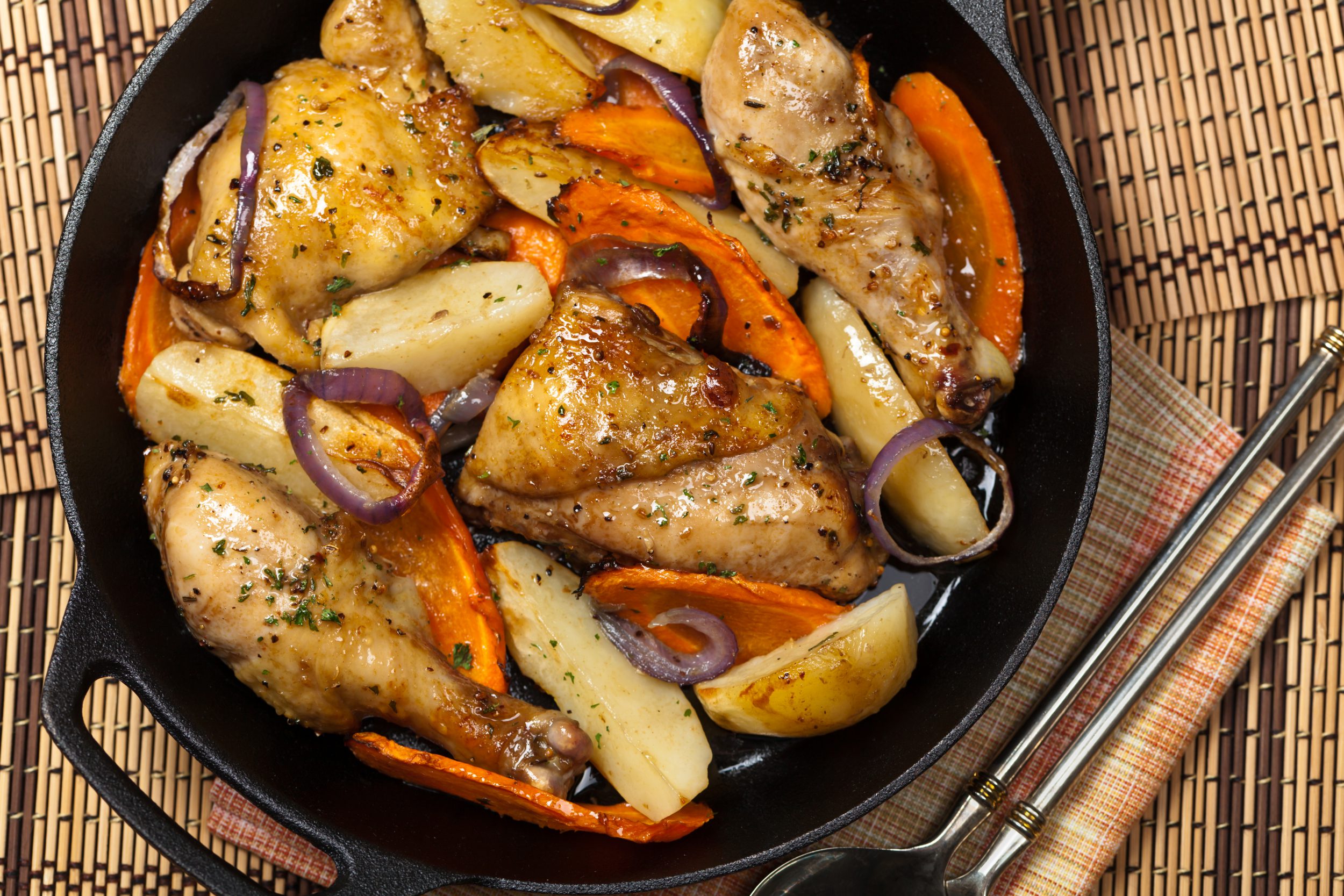 Skillet-Roasted Chicken with Rosti Potatoes and Steamed Veggies