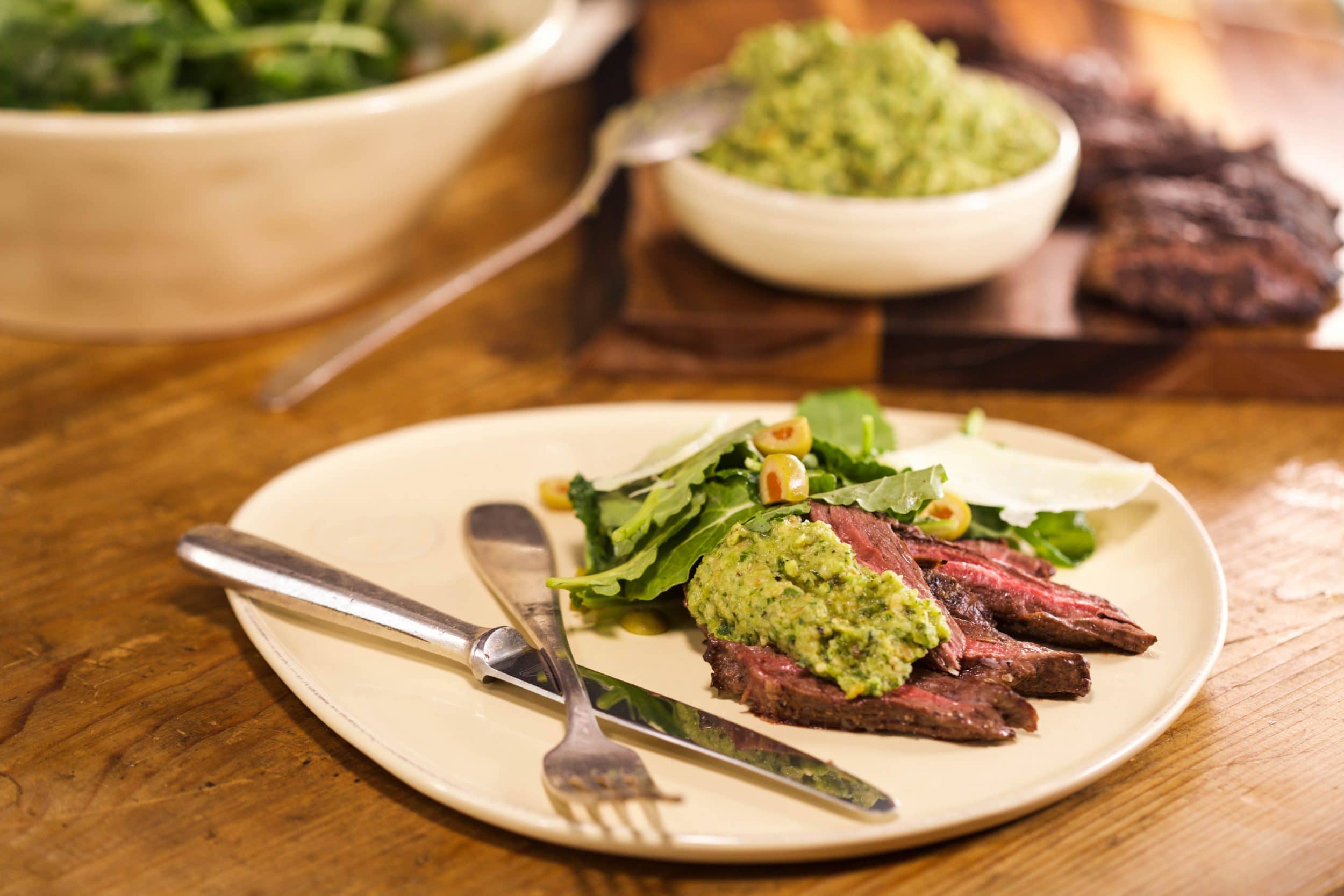Skirt Steak with Mean, Green Romesco