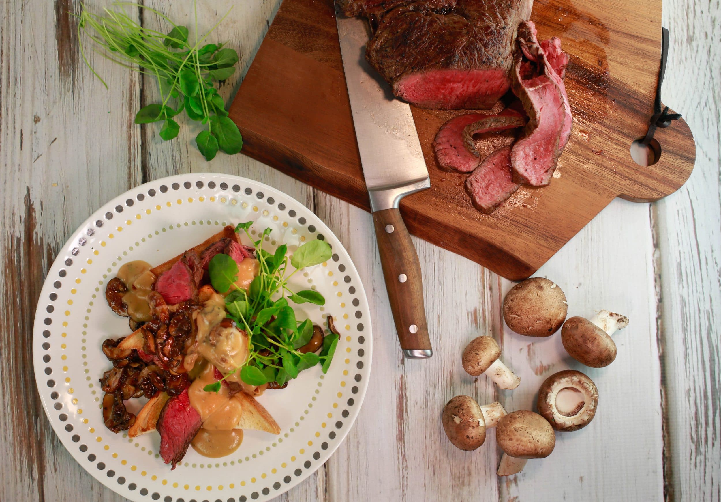 Sliced Steak and HP Mushrooms on Toast with Welsh Rarebit Sauce and Watercress