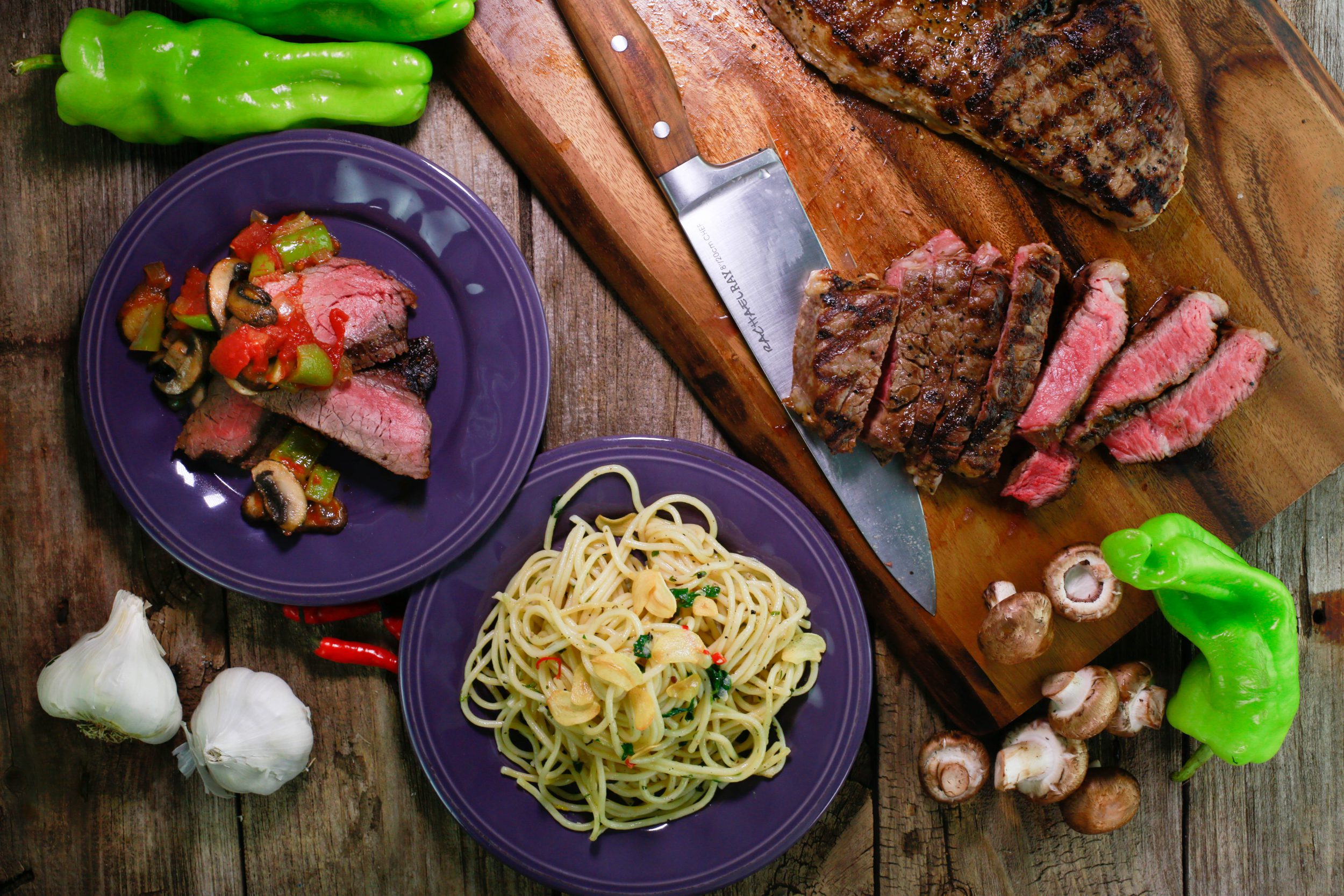 Sliced Steak Pizzaiola with Mushrooms, Peppers and Onions