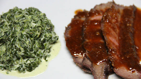 Sliced Steaks with Porcini Sauce and Boursin Creamed Spinach