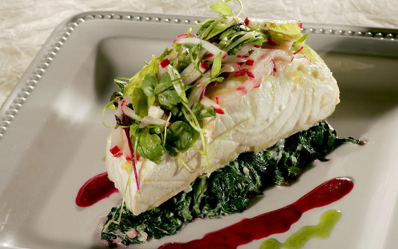 Slow-poached sturgeon with celery and radish salad, roasted beets and creamed spinach