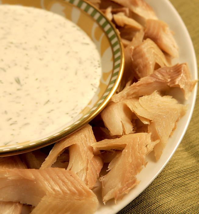 Smoked trout chevrons with dilled creme fraiche