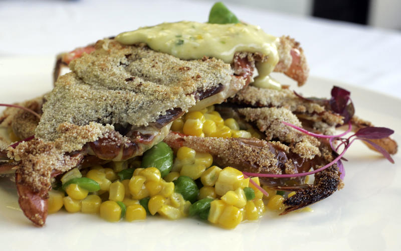 Soft-shell crab with succotash and sauce gribiche