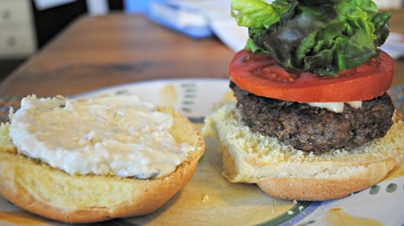 Spicy Burgers with Sharp Cheddar and Chunky Blue Cheese Aioli