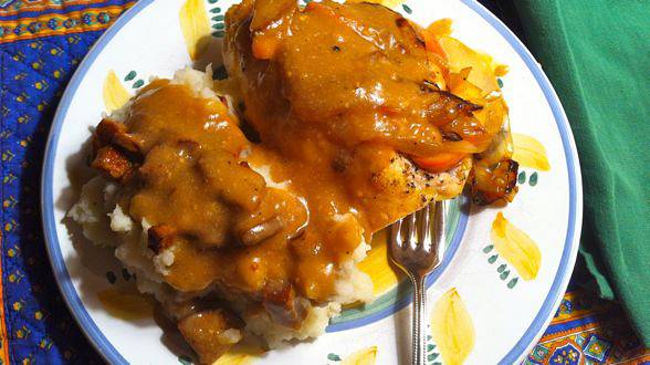 Spicy Maple-Mustard “Cleveland-Style” Chicken or Chops with Brat and Cheddar Potatoes
