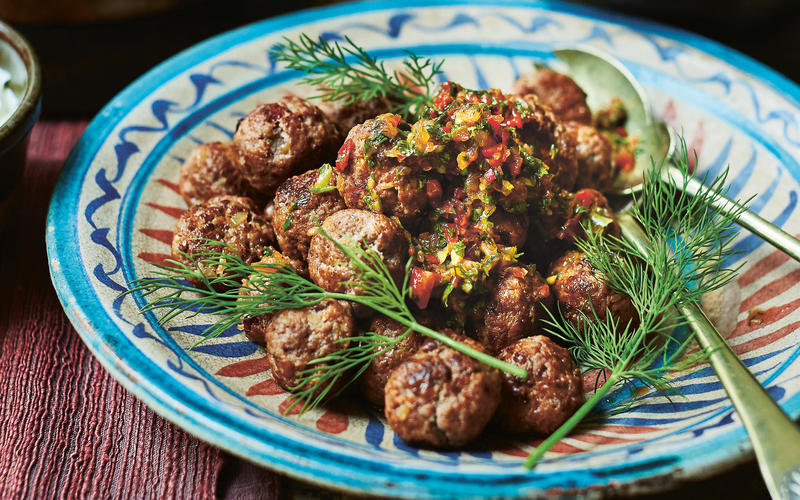 Spicy meatballs with adjika and yogurt 