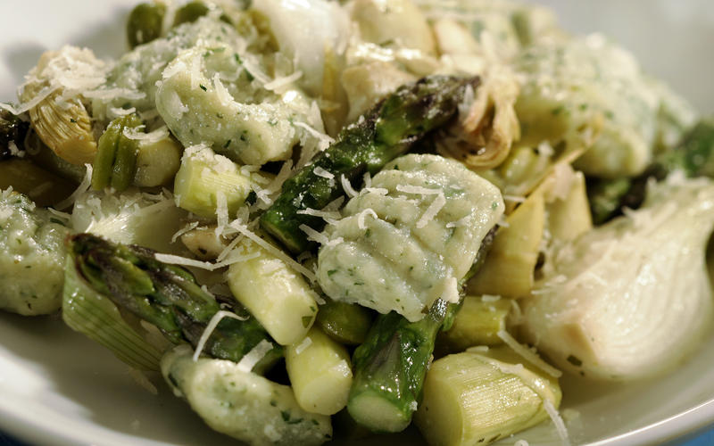 Spring vegetable stew with herbed ricotta gnocchi