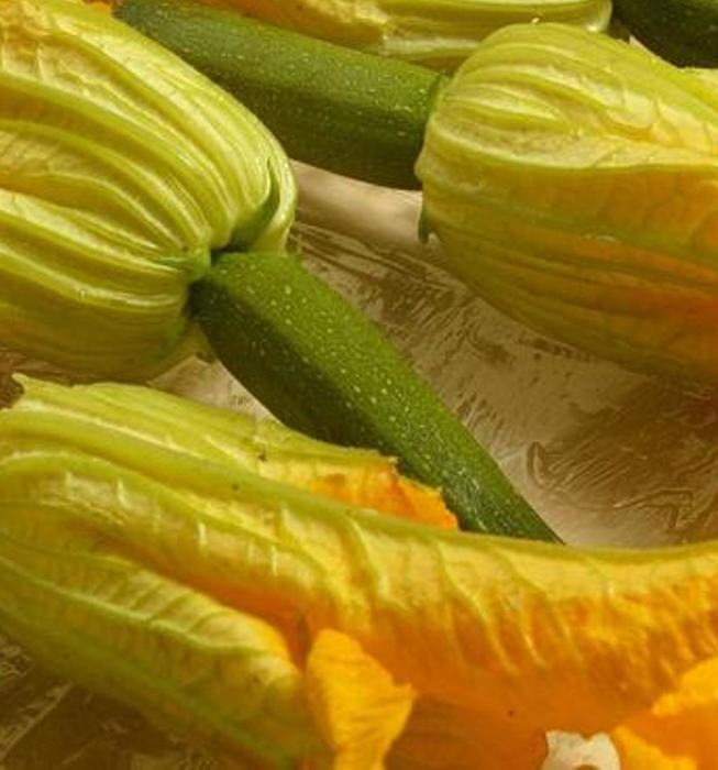 Squash blossoms baked with Taleggio and almonds
