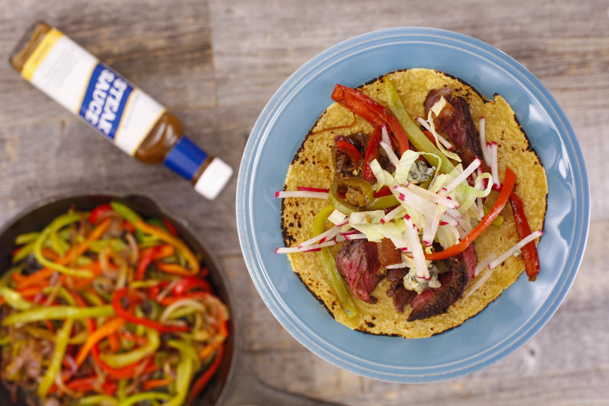 Steak Sauce Fajitas with Blue Cheese Crumbles and Bacon Bits