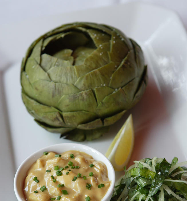 Steamed artichoke with egg aioli and onion-sorrel salad