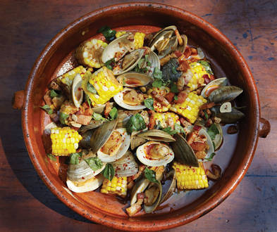 Steamed Corn with Clams and Bacon
