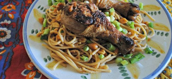 Sticky Cider-Soy Chicken Legs and Spicy Peanut Noodle Salad