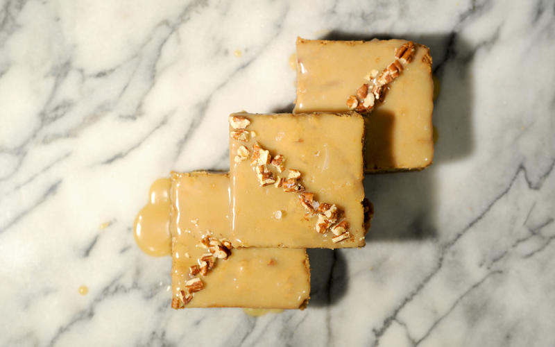 Sticky toffee blondies with sea salt and roasted pecans
