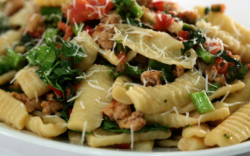Strascinati with sprouting broccoli, fennel sausage and fresno chiles
