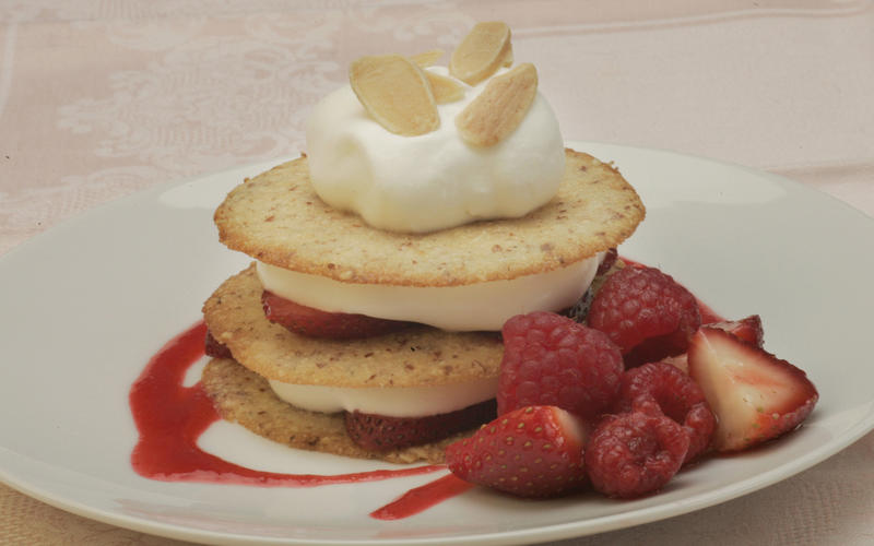 Strawberry napoleons with creme fraiche and almond tuiles