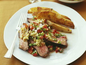 Strip Steaks with Salsa, Roasted Potato Wedges and Hearts of Palm Salad