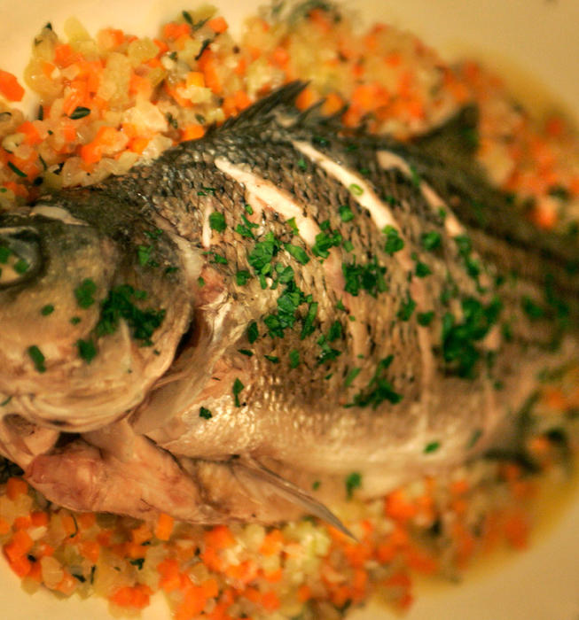 Striped bass with mirepoix
