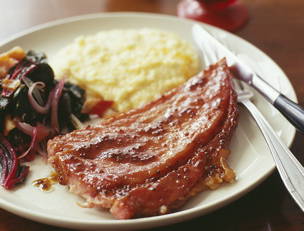 Sweet ‘n Spicy Red Eye Ham Steaks with Cheese Grits and Seared Chard