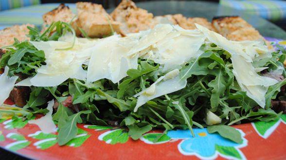 Tagliata with Pecorino, Arugula, Green Olives and Tomato-Rubbed Bread