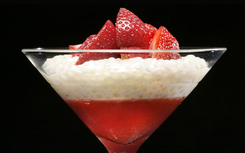 Tapioca with strawberry gelee and fresh strawberries