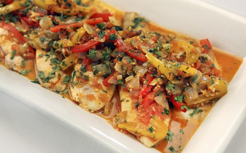 Tilapia with sweet peppers, saffron and garlic