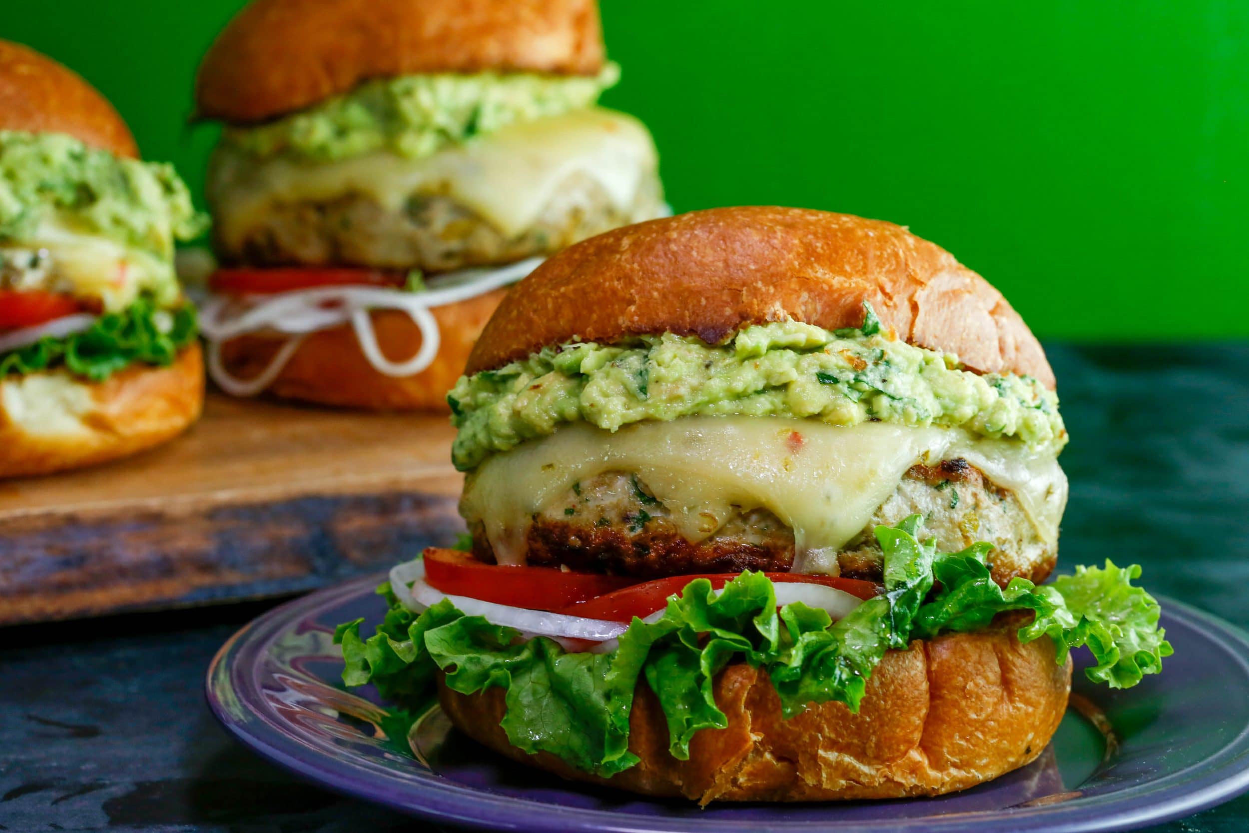 Turkey and Green Chili Burgers with Guacamole