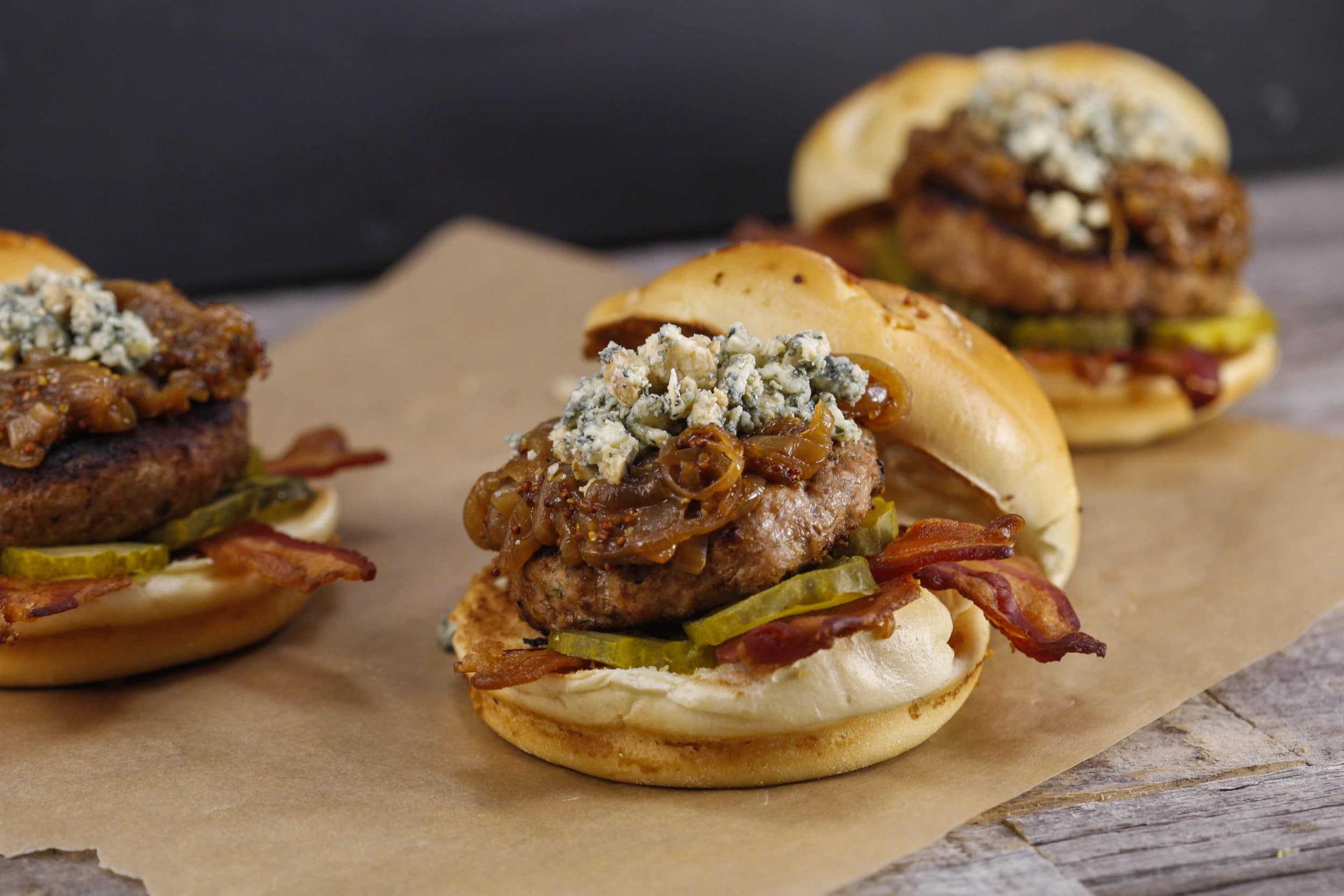 Turkey Burgers with Bacon, Blue Cheese and Maple-Mustard Onions