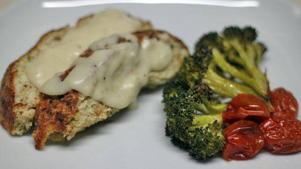 Turkey Meatloaf with Creamy Asiago Gravy, Roasted Broccoli and Tomatoes
