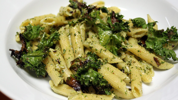 Tuscan Pesto-Dressed Penne with Crispy Kale with Garlic
