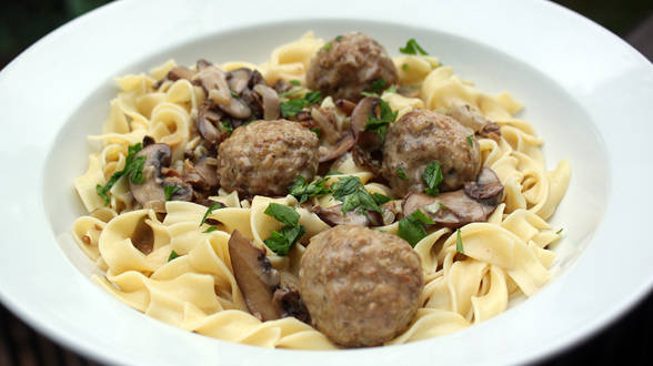 Veal and Pork Meatballs with Mushroom Gravy and Egg Noodles