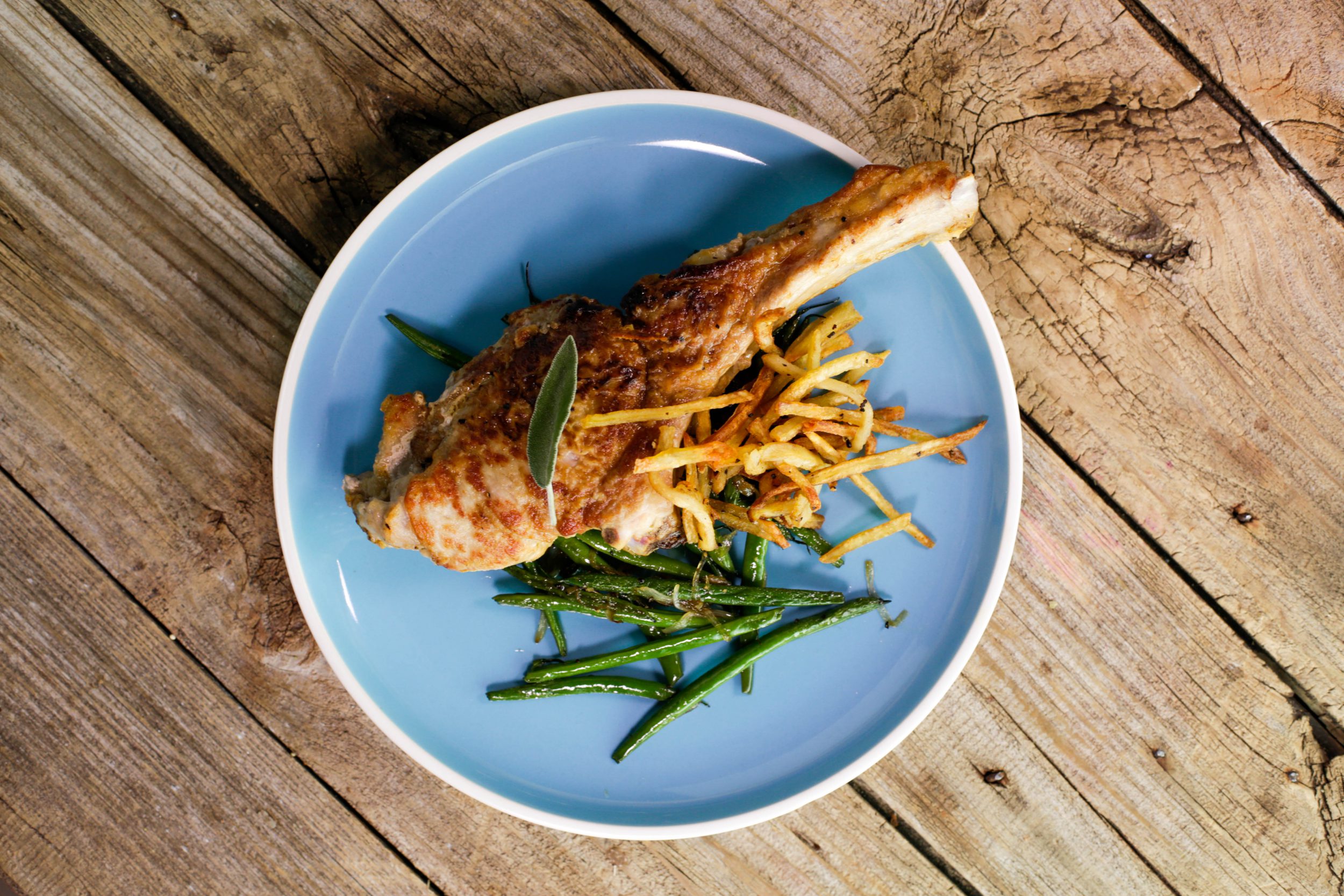 Veal Chops Valdastana with Oven Fries & Haricot Verts