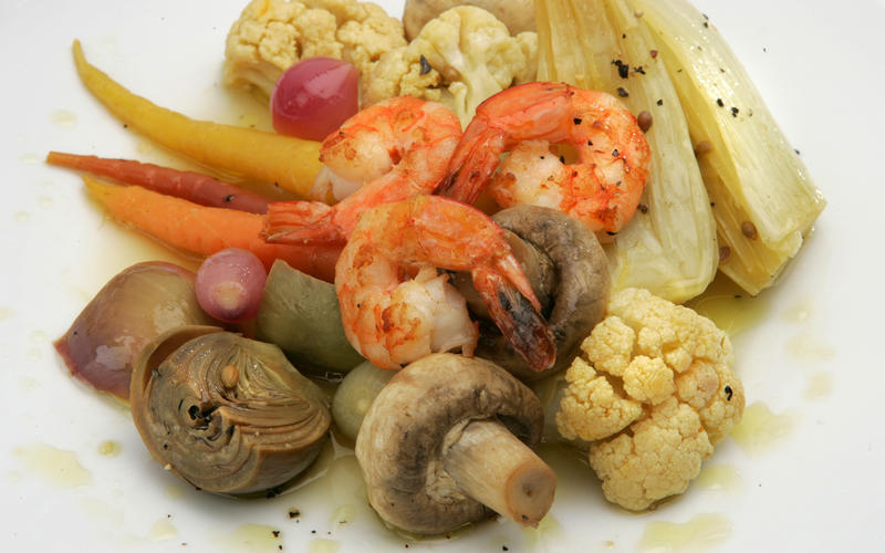 Vegetables a la grecque with sauteed shrimp